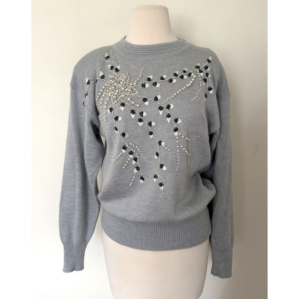 80s Vintage Gray Fuzzy Beaded Pearl Sequin Starburst Shoulder Pad Knit Sweater S